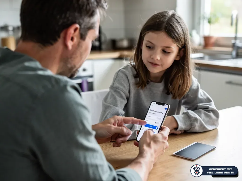 Vater zeigt seiner Tochter am Küchentisch Einstellungen auf dem Smartphone, daneben liegt ein kleines Notizbuch. (mit KI erstellt)