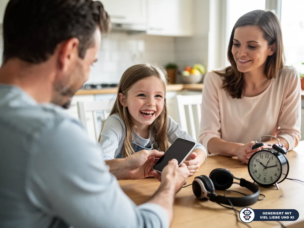 Vater zeigt seiner Tochter ein Smartphone, Mutter schaut lächelnd zu; Kopfhörer und Wecker liegen auf dem Küchentisch. (mit KI erstellt)