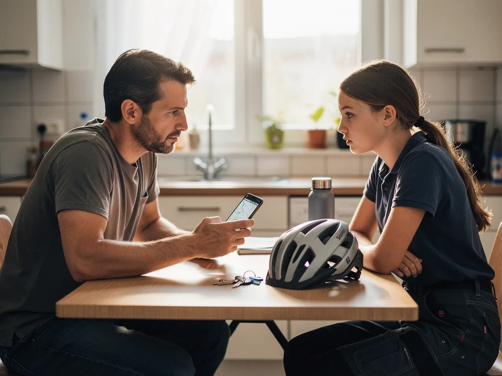 Vater zeigt Teenagerin am Küchentisch eine Route auf dem Smartphone, daneben liegen Fahrradhelm und Schlüssel.
