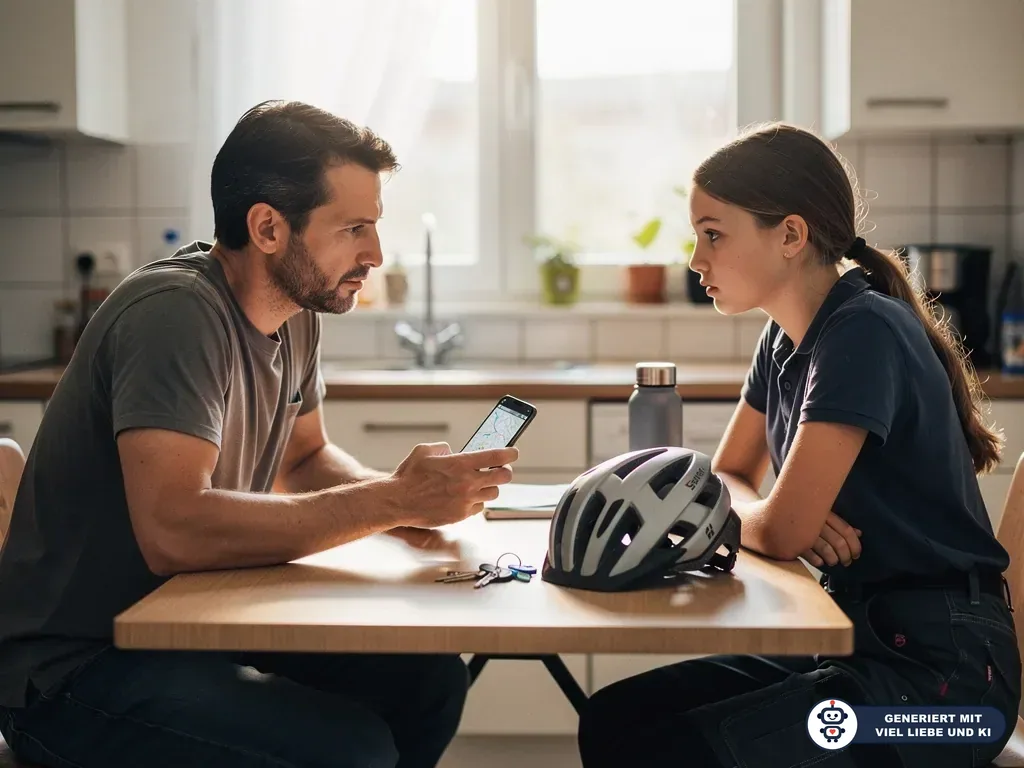Vater zeigt Teenagerin am Küchentisch eine Route auf dem Smartphone, daneben liegen Fahrradhelm und Schlüssel. (mit KI erstellt)