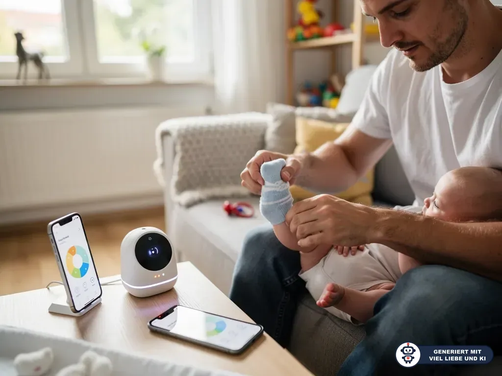 Vater zieht Baby auf dem Sofa eine blaue Smart Sock an; daneben Kamera und Smartphone mit Owlet-App. (mit KI erstellt)