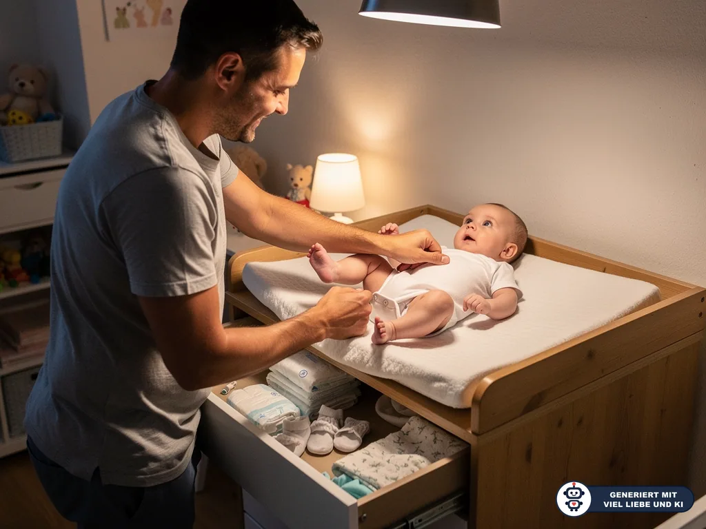 Vater zieht Baby auf der Wickelkommode an; darunter ist eine Schublade mit Windeln und Kleidung geöffnet. (mit KI erstellt)