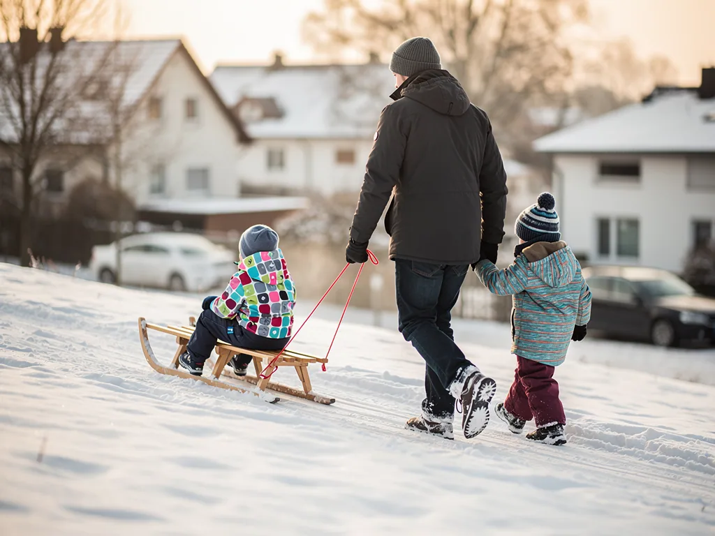 Vater zieht ein Kind auf einem Holzschlitten durch den Schnee und hält ein zweites Kind an der Hand.