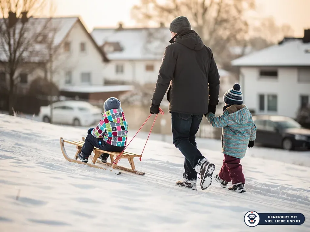 Vater zieht ein Kind auf einem Holzschlitten durch den Schnee und hält ein zweites Kind an der Hand. (mit KI erstellt)