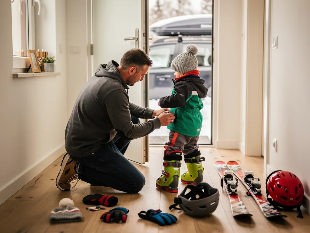 Vater zieht einem Kind im Flur Skiausrüstung an; Ski, Helm, Handschuhe und Auto stehen bereit.