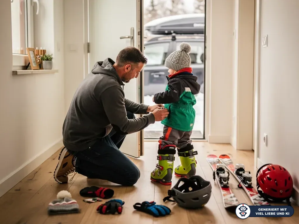 Vater zieht einem Kind im Flur Skiausrüstung an; Ski, Helm, Handschuhe und Auto stehen bereit. (mit KI erstellt)