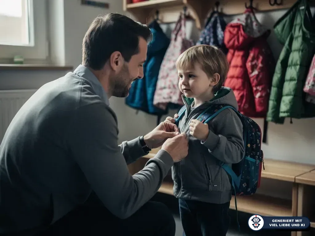 Vater zieht einem Kind in der Garderobe die Jacke zu, das Kind trägt einen Rucksack. (mit KI erstellt)
