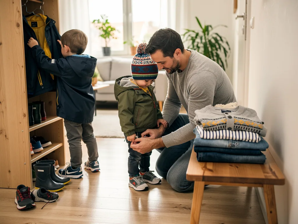 Vater zieht einem Kind Jacke und Schuhe an, während ein zweites Kind Kleidung aus dem Garderobenschrank holt.
