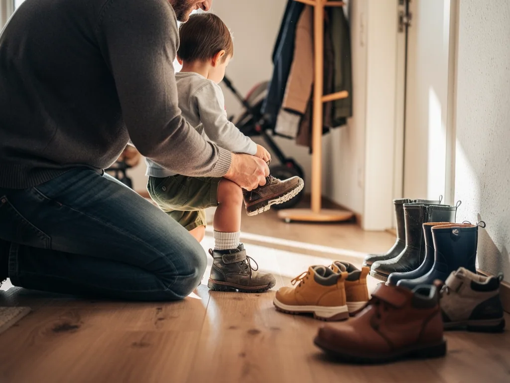 Vater zieht einem Kleinkind im Flur einen Schuh an, daneben stehen mehrere Kinderstiefel und Schuhe.