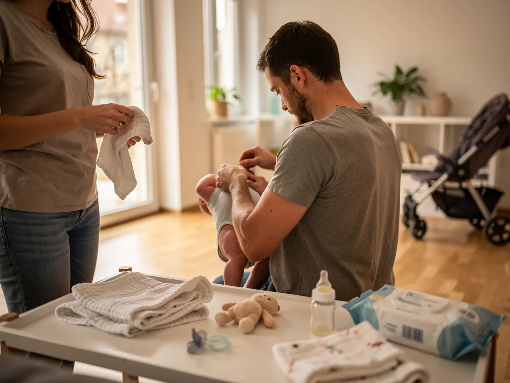 Vater zieht einem Neugeborenen Kleidung an, Mutter steht daneben mit Tuch; Wickeltisch und Kinderwagen im Zimmer.