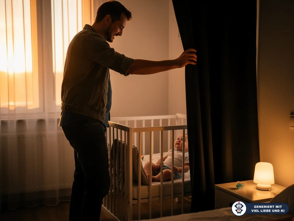 Vater zieht im Kinderzimmer den Vorhang zu, während sein Baby wach im Gitterbett liegt. (mit KI erstellt)
