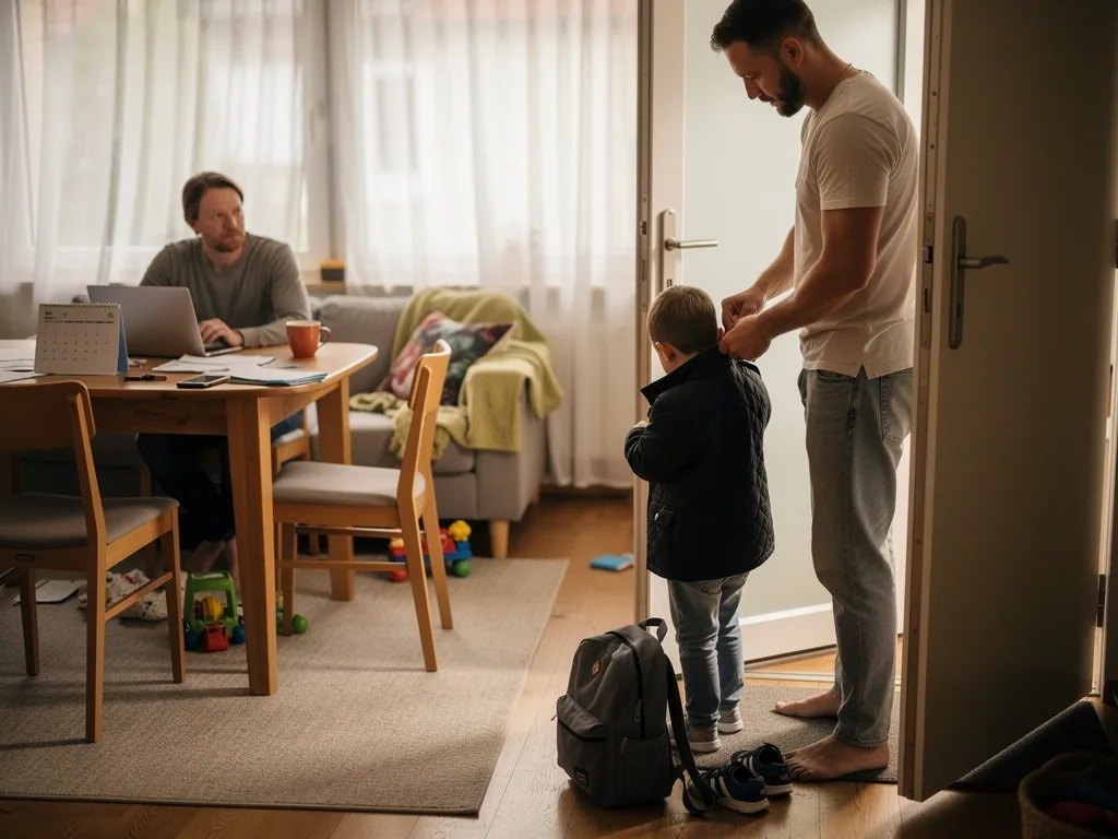 Vater zieht Kind an der Wohnungstür die Jacke an, zweiter Elternteil sitzt mit Laptop am Tisch.