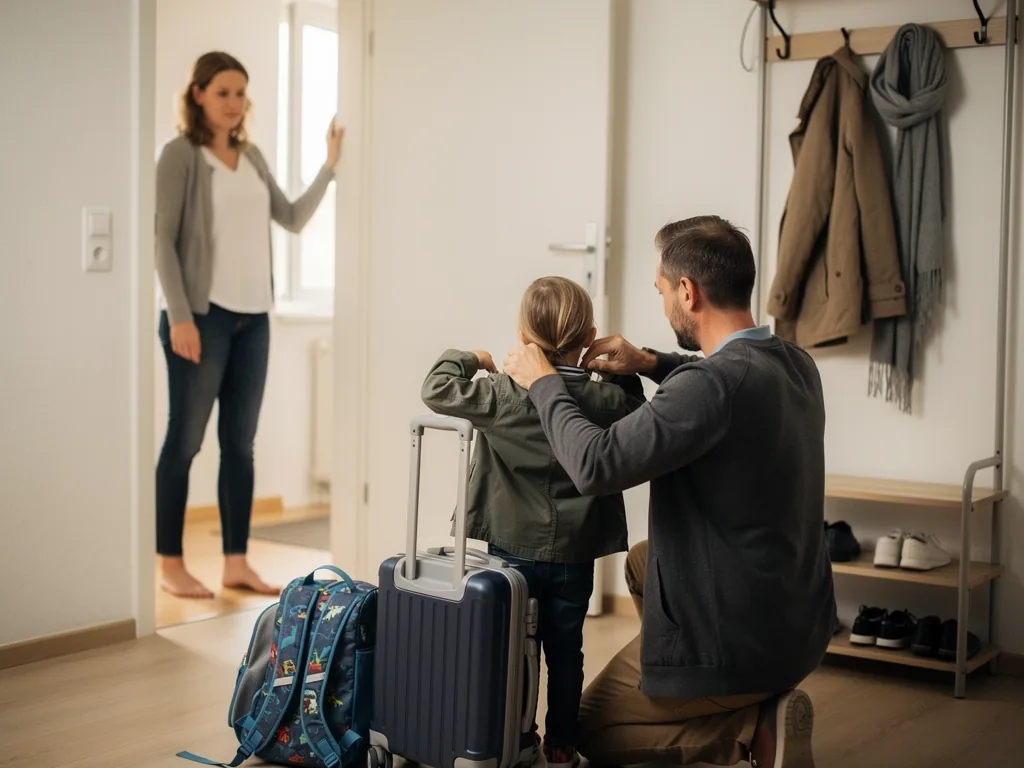 Vater zieht Kind im Flur eine Jacke an; Mutter steht in der Tür, Koffer und Schulrucksack stehen bereit.