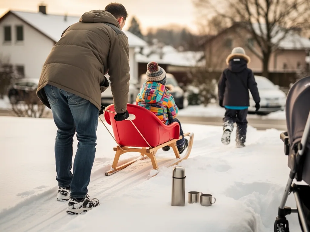 Vater zieht Kind im roten Schlitten durch Schnee; weiteres Kind, Thermoskanne und Kinderwagen stehen daneben.
