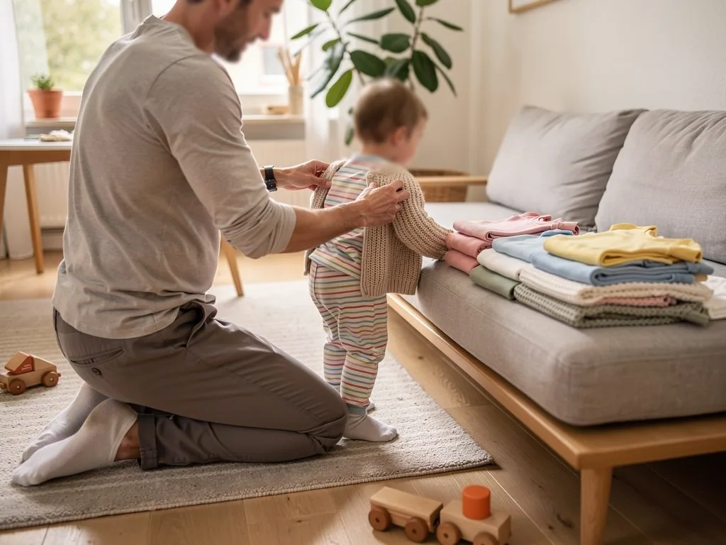 Vater zieht Kleinkind eine Strickjacke an; daneben liegen gefaltete Kinderkleidung und Decken auf dem Sofa.