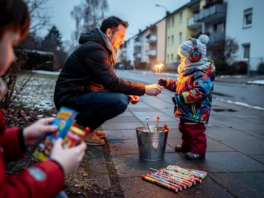 Vater zündet einem Kind mit Mütze eine Wunderkerze auf dem Gehweg an, Feuerwerk liegt in sicherem Abstand bereit.