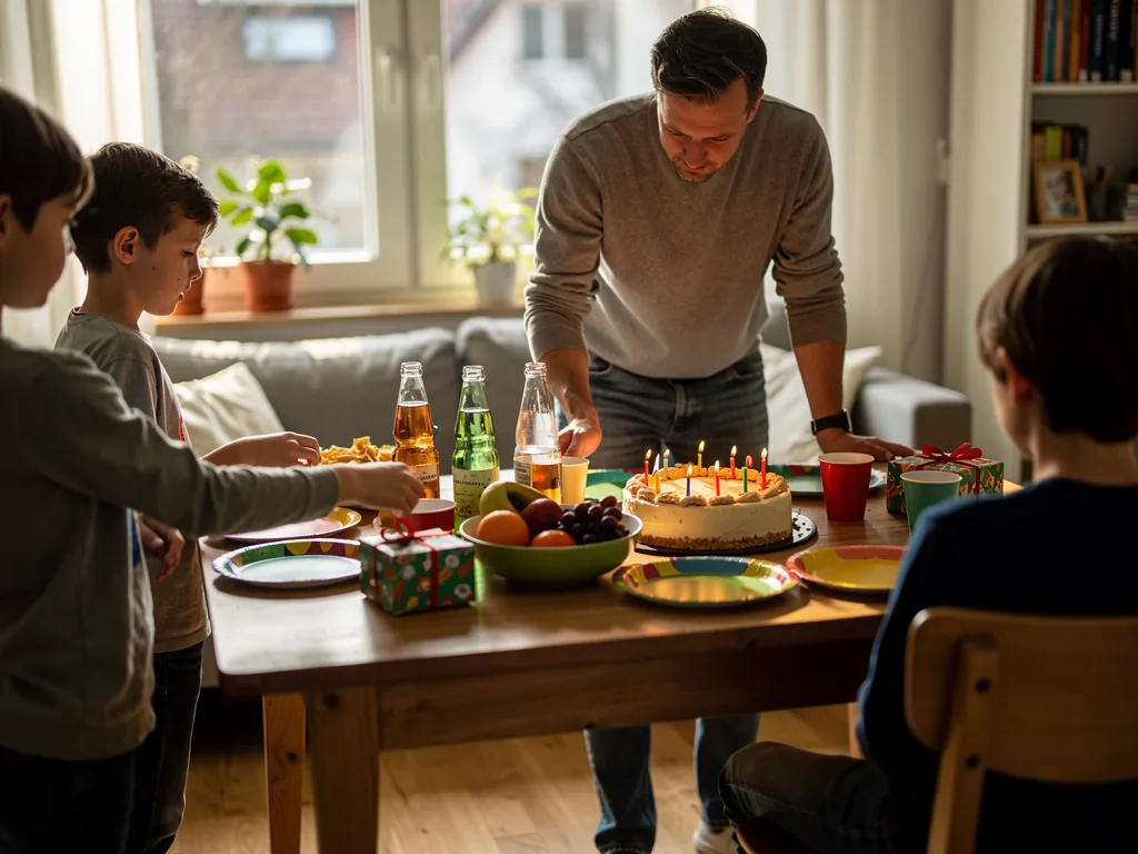 Vater zündet Kerzen auf einer Geburtstagstorte an, während Kinder am gedeckten Partytisch warten.