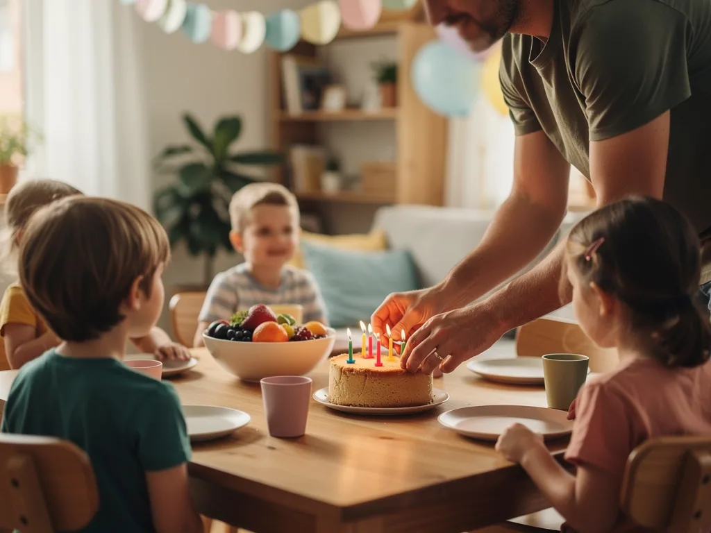 Vater zündet Kerzen auf Geburtstagskuchen an, während vier Kinder am gedeckten Tisch warten.