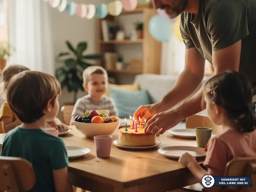 Vater zündet Kerzen auf Geburtstagskuchen an, während vier Kinder am gedeckten Tisch warten. (mit KI erstellt)