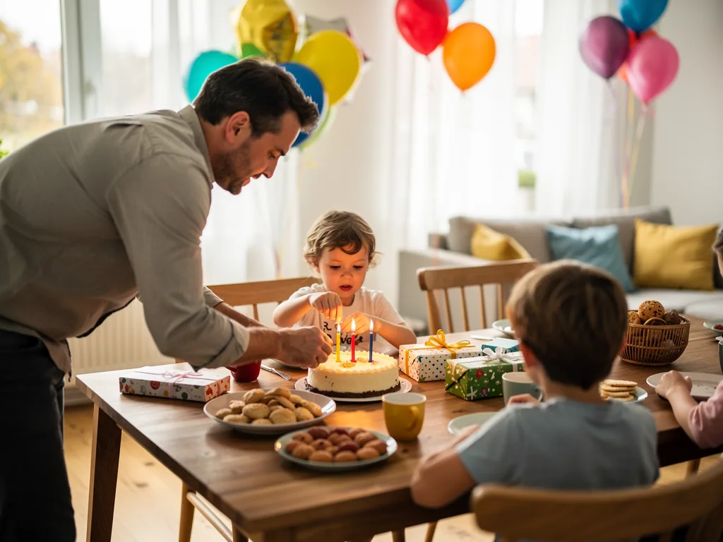 Vater zündet Kerzen auf Geburtstagstorte an, während Kinder am gedeckten Tisch mit Luftballons sitzen.