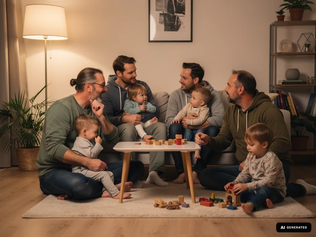 Vier Väter sitzen mit Kleinkindern im Wohnzimmer und sprechen miteinander, während die Kinder mit Holzspielzeug spielen. (mit KI erstellt)