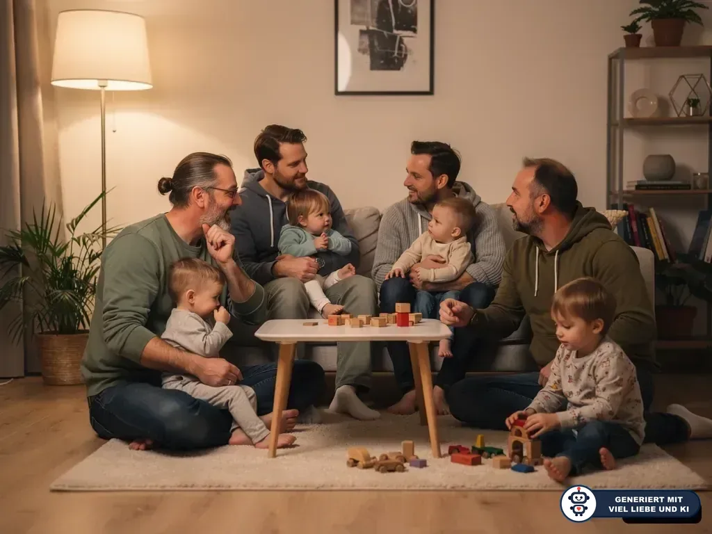 Vier Väter sitzen mit Kleinkindern im Wohnzimmer und sprechen miteinander, während die Kinder mit Holzspielzeug spielen. (mit KI erstellt)
