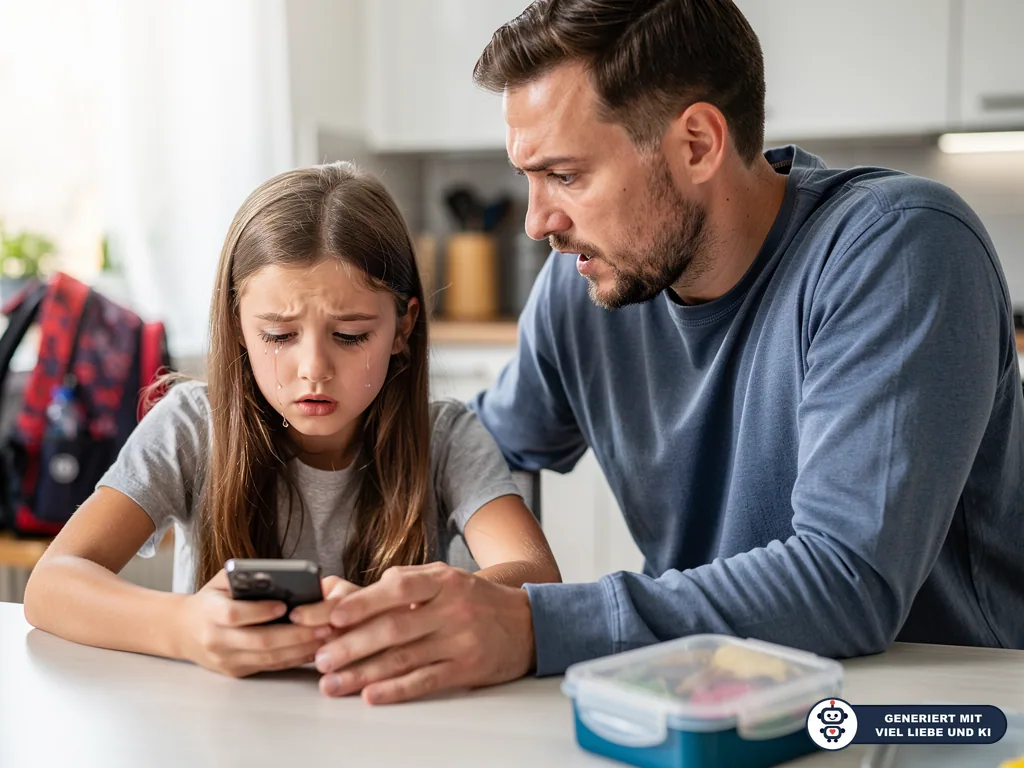 Weinendes Mädchen schaut aufs Smartphone, während ihr Vater besorgt neben ihr am Küchentisch sitzt. (mit KI erstellt)
