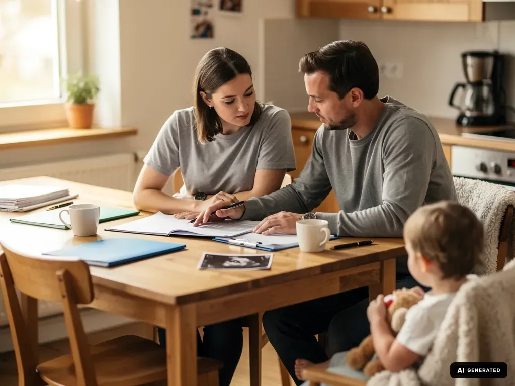 Werdende Eltern besprechen Unterlagen am Küchentisch, daneben sitzt ein Kleinkind mit Stofftier. (mit KI erstellt)