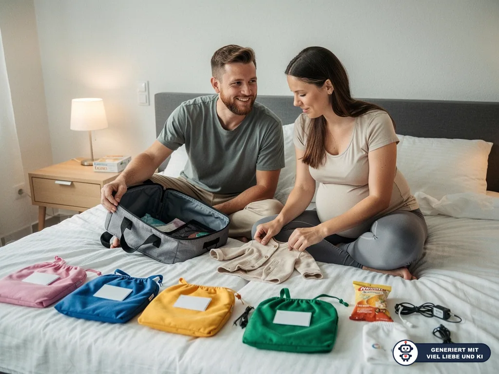 Werdende Eltern packen auf dem Bett eine Kliniktasche mit Babykleidung, Beuteln, Snacks und Ladegeräten. (mit KI erstellt)