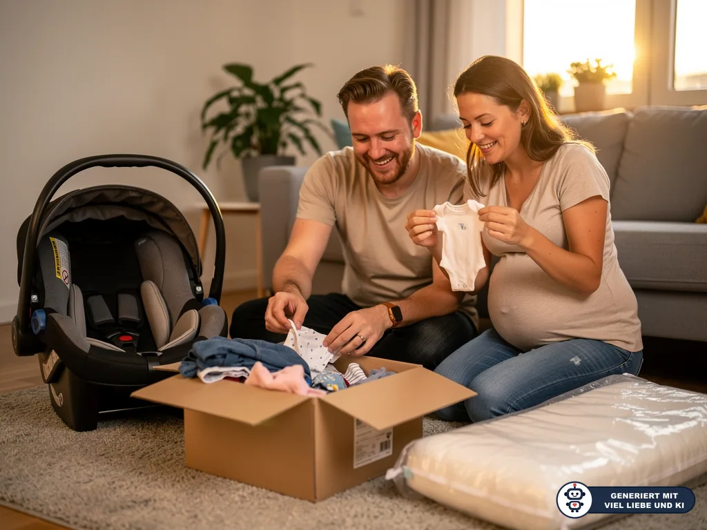 Werdende Eltern prüfen Babykleidung aus einem Karton, daneben Babyschale und verpackte Matratze. (mit KI erstellt)