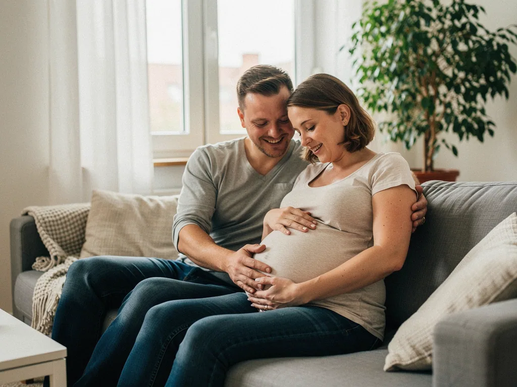Werdende Eltern sitzen auf dem Sofa und legen lächelnd die Hände auf den schwangeren Bauch.