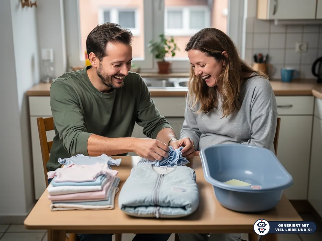 Werdende Eltern sortieren Babykleidung und eine Babywanne am Küchentisch. (mit KI erstellt)