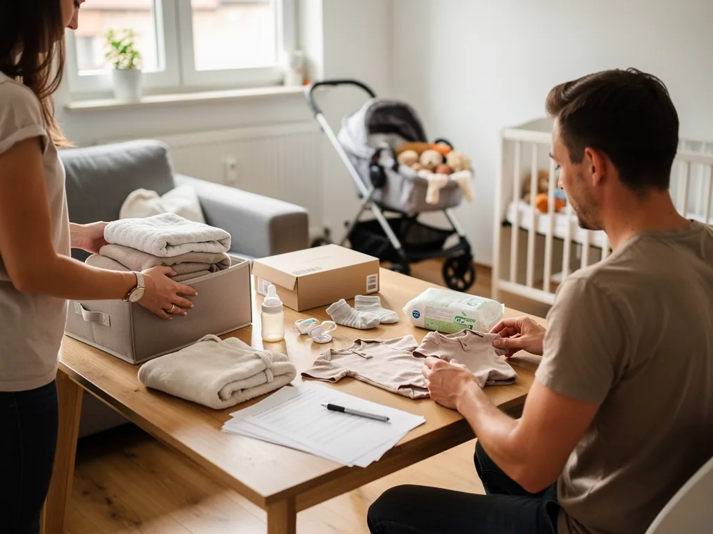 Werdende Eltern sortieren Babykleidung, Windeln und Antragsunterlagen im Kinderzimmer.
