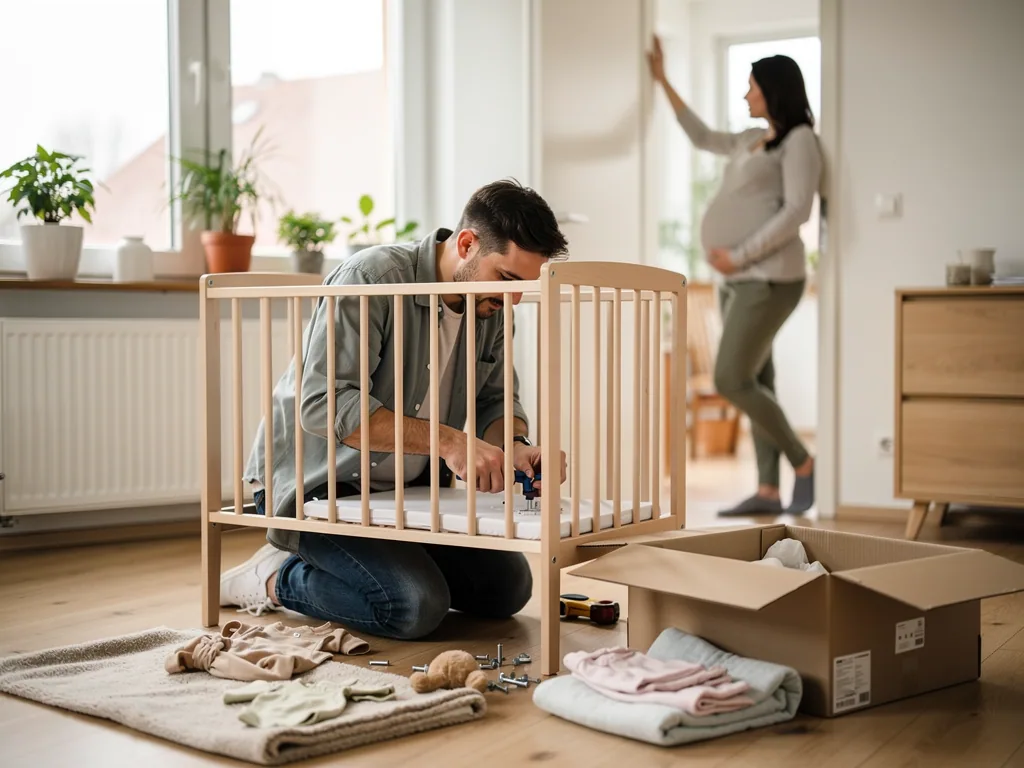 Werdender Vater baut ein Babybett auf, während die schwangere Partnerin im Kinderzimmer steht.