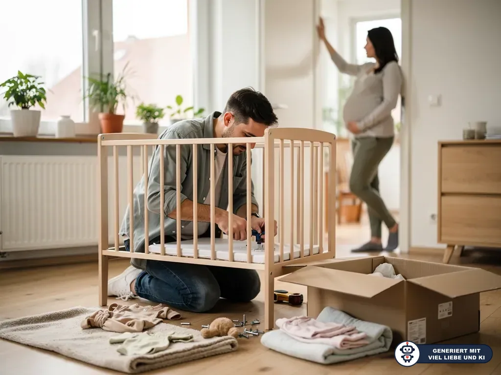Werdender Vater baut ein Babybett auf, während die schwangere Partnerin im Kinderzimmer steht. (mit KI erstellt)