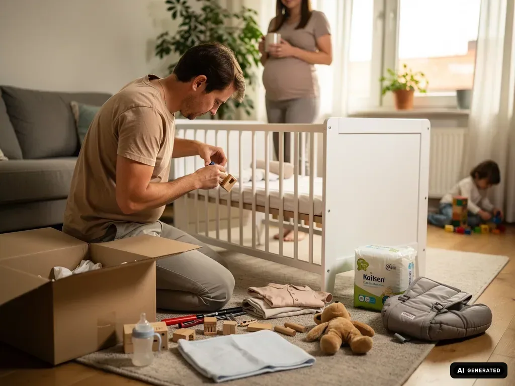 Werdender Vater baut ein Babybett auf, während seine schwangere Partnerin im Wohnzimmer zusieht. (mit KI erstellt)