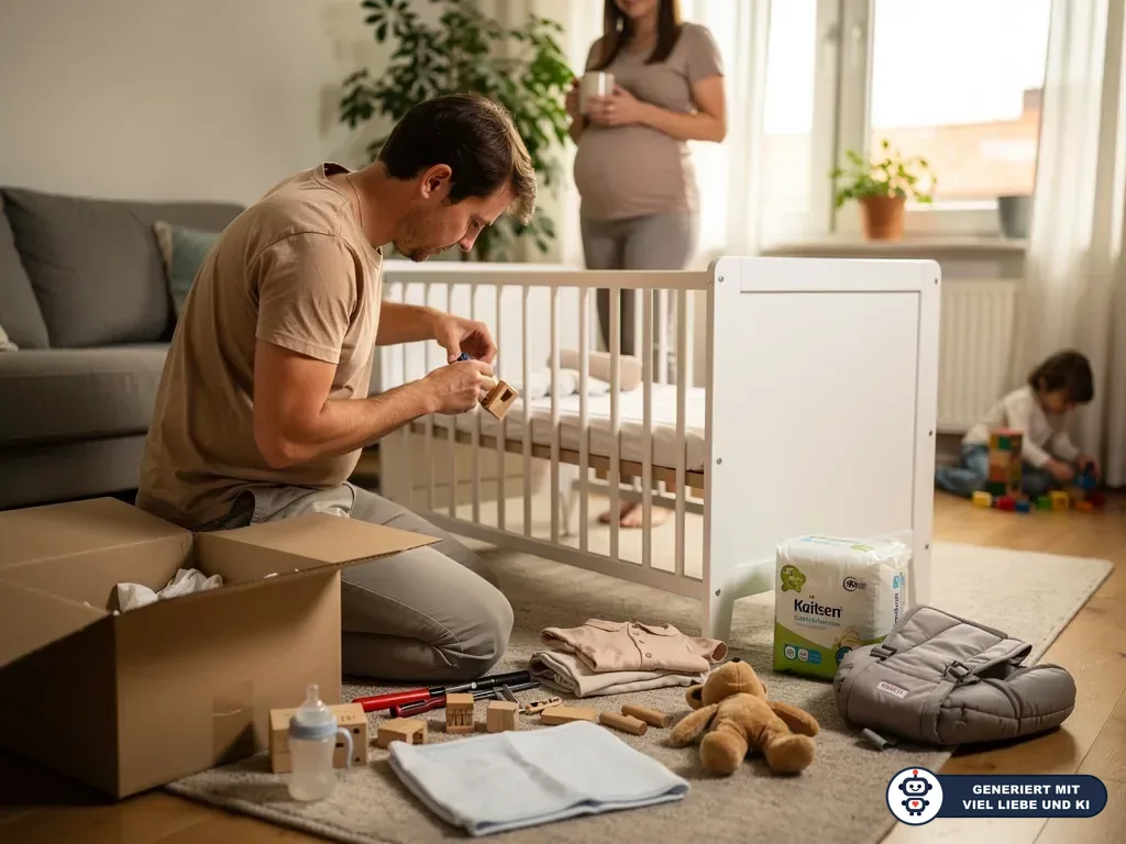 Werdender Vater baut ein Babybett auf, während seine schwangere Partnerin im Wohnzimmer zusieht. (mit KI erstellt)