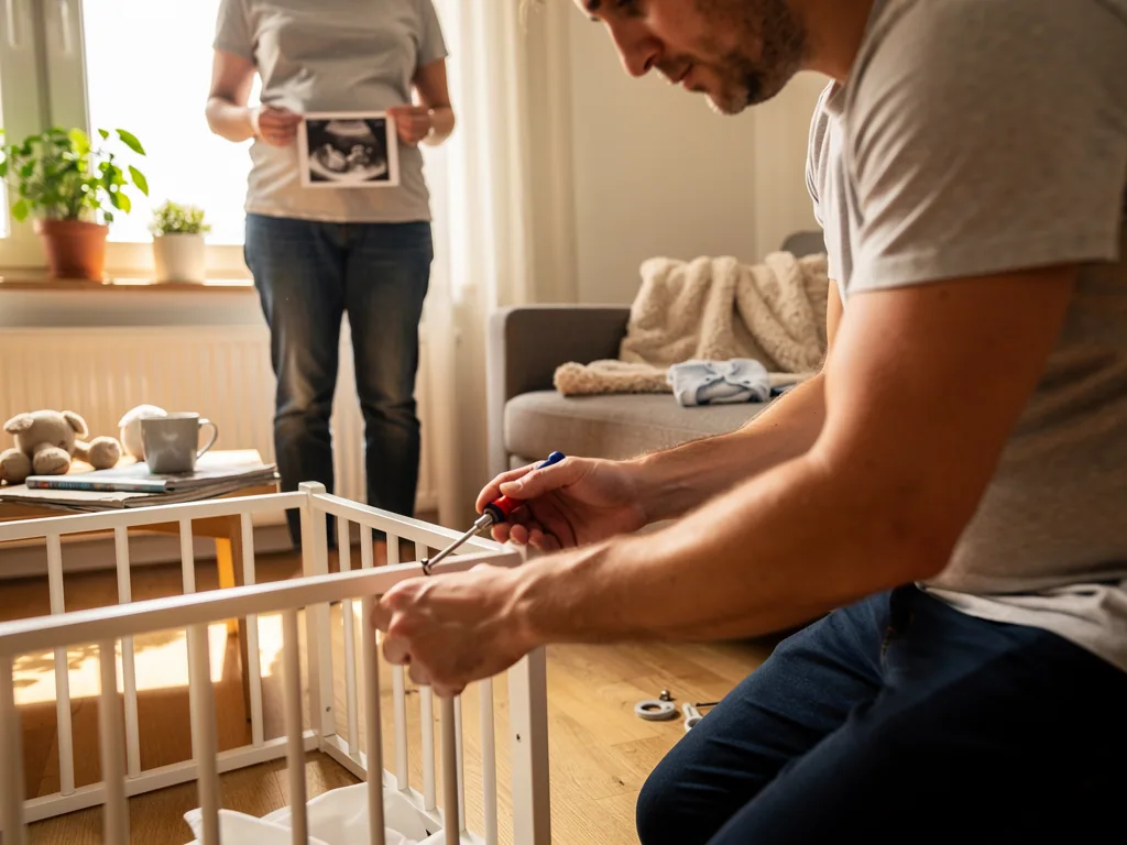 Werdender Vater baut ein weißes Babybett auf, während die Partnerin im Wohnzimmer ein Ultraschallbild hält.