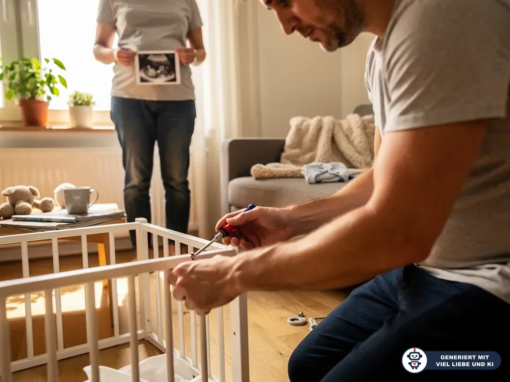 Werdender Vater baut ein weißes Babybett auf, während die Partnerin im Wohnzimmer ein Ultraschallbild hält. (mit KI erstellt)