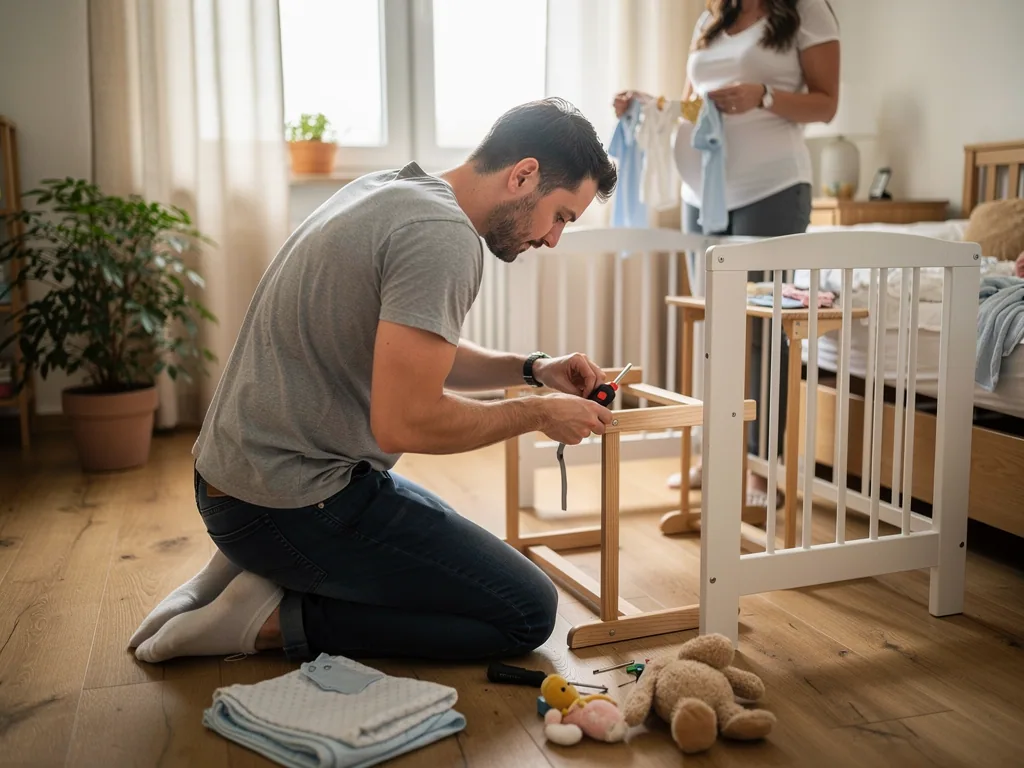 Werdender Vater baut im Babyzimmer ein Möbelstück auf, während die schwangere Partnerin Babykleidung sortiert.