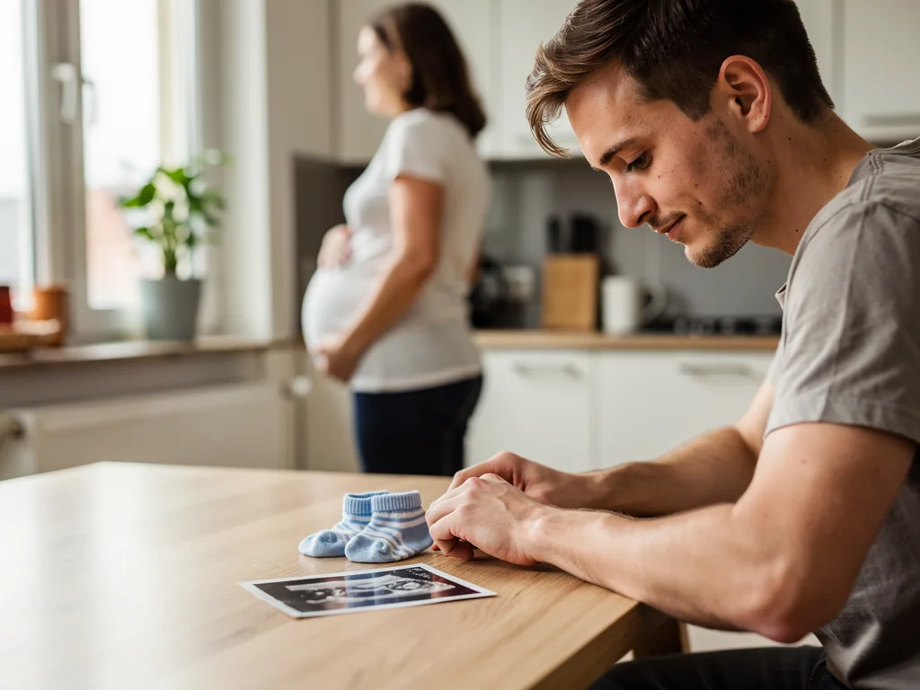 Werdender Vater betrachtet Babysöckchen und Ultraschallbild, während die schwangere Partnerin im Hintergrund steht.