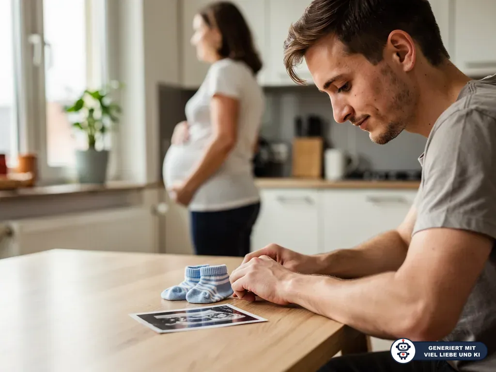 Werdender Vater betrachtet Babysöckchen und Ultraschallbild, während die schwangere Partnerin im Hintergrund steht. (mit KI erstellt)