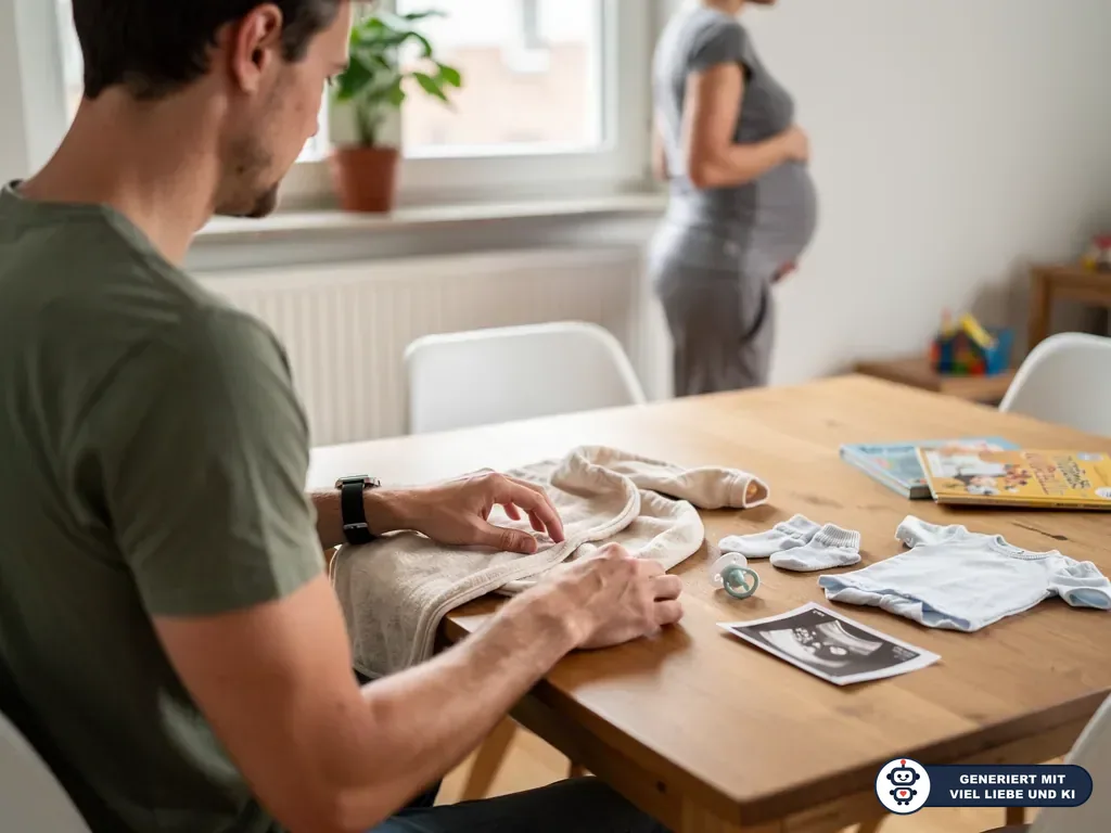 Werdender Vater faltet Babykleidung am Tisch, im Hintergrund steht seine schwangere Partnerin am Fenster. (mit KI erstellt)