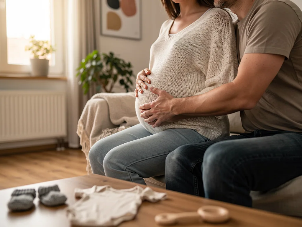 Werdender Vater hält den Bauch seiner schwangeren Partnerin; Babysachen liegen auf dem Wohnzimmertisch.