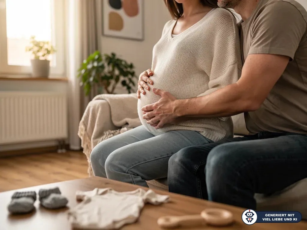 Werdender Vater hält den Bauch seiner schwangeren Partnerin; Babysachen liegen auf dem Wohnzimmertisch. (mit KI erstellt)