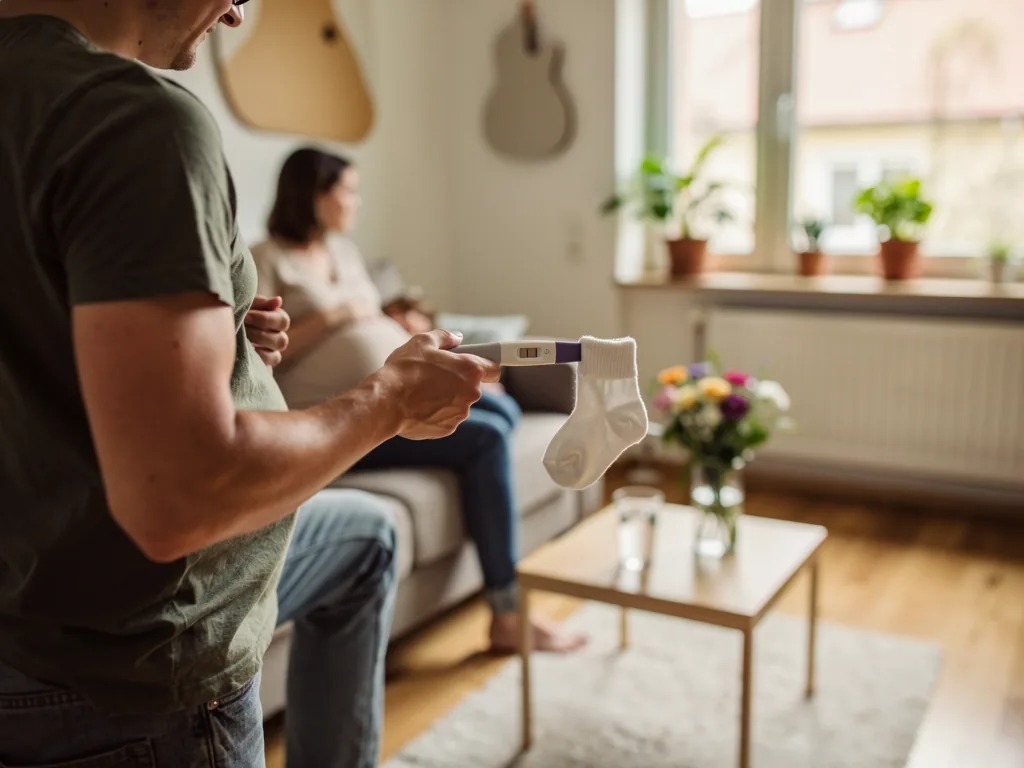 Werdender Vater hält positiven Schwangerschaftstest mit Babysocke, schwangere Partnerin sitzt im Wohnzimmer.