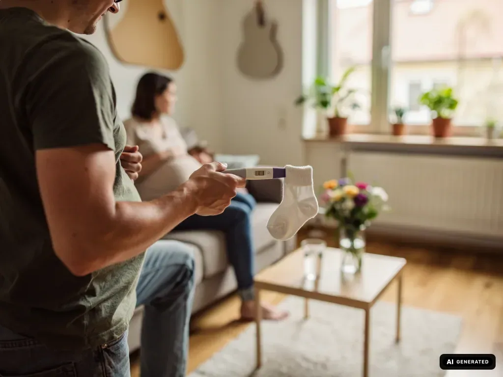 Werdender Vater hält positiven Schwangerschaftstest mit Babysocke, schwangere Partnerin sitzt im Wohnzimmer. (mit KI erstellt)