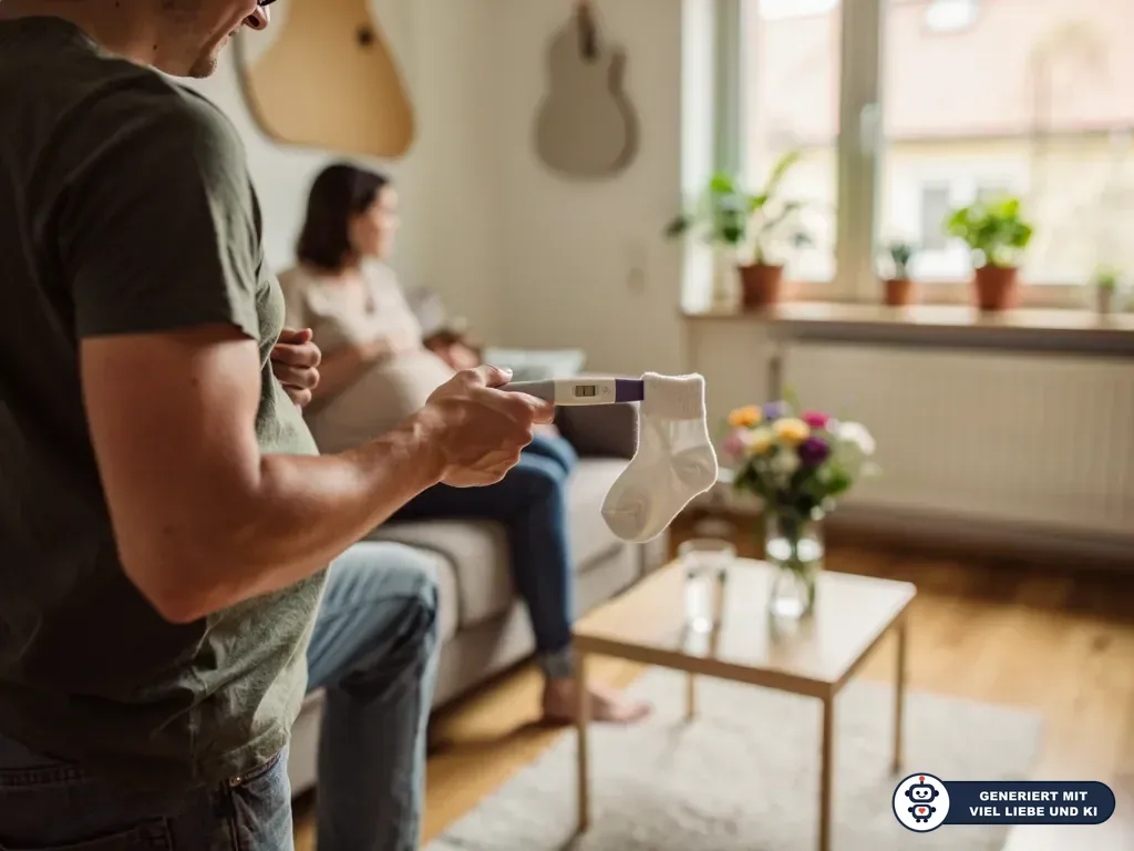 Werdender Vater hält positiven Schwangerschaftstest mit Babysocke, schwangere Partnerin sitzt im Wohnzimmer. (mit KI erstellt)