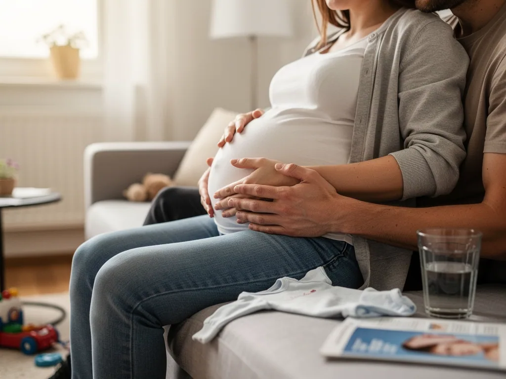 Werdender Vater legt die Hände auf den Babybauch seiner schwangeren Partnerin im Wohnzimmer.
