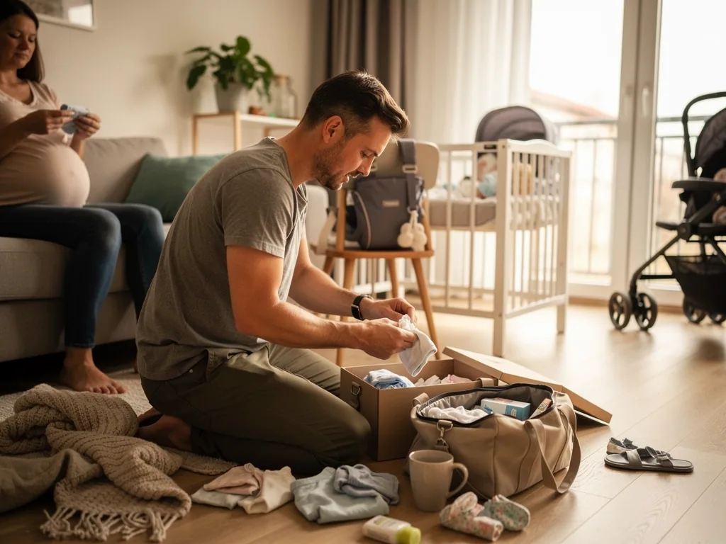 Werdender Vater packt Babysachen in eine Tasche, während die schwangere Partnerin im Wohnzimmer sitzt.